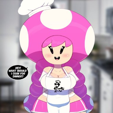 mario (series), nintendo, toadette, somescrub, 1girls, apron, barefoot, big breasts, black eyes, blurry background, breasts, chef, chef hat, chubby, cleavage