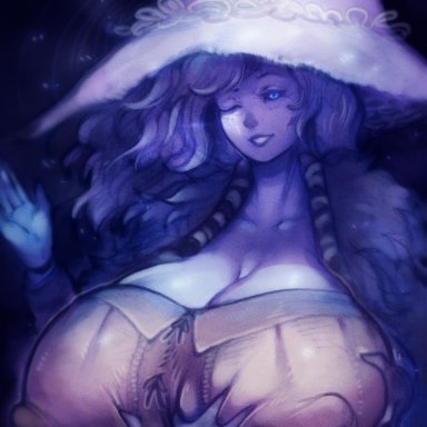 elden ring, ranni the witch, pwcsponson, 1girls, big breasts, blue body, blue eyes, blue hair, blue skin, breasts, cleavage, clothed, clothing, four arms, hat