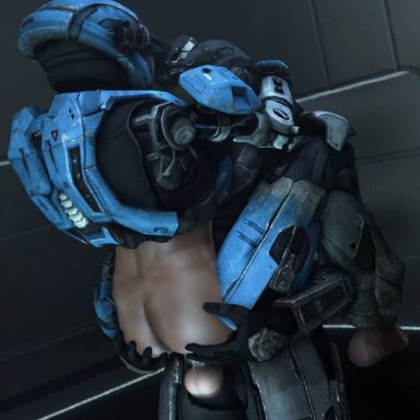 halo (series), halo reach, kat s-320, spartan, spartan (halo), ankhajiit, oolay-tiger, armor, barefoot, big feet, carrying, carrying partner, carrying position, clothed sex, cum