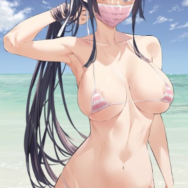 original, hiiragi yuuichi, areola slip, areolae, arm up, armpits, bangs, beach, bikini, black hair, blue sky, blush, breasts, cleavage, cloud