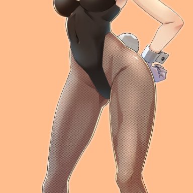 dragon ball, android 18, artist request, bare shoulders, blonde hair, blush, brown pantyhose, brown stockings, bunny ears, bunny girl, bunny tail, earrings, female only, high heels, large breasts