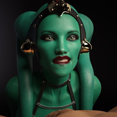 star wars, original character, twi'lek, drinkerofskies, 1boy, 1boy1girl, 1girls, alien, alien girl, athletic female, biting lip, close-up, dominant human, facing viewer, green skin