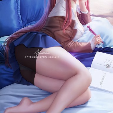 doki doki literature club, wickellia, ass, bed, bedroom, bedroom setting, blue skirt, book, chin on hand, feet, female, female only, head on hand, long hair, long hair female