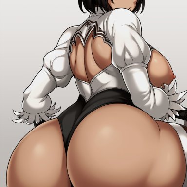 nier: automata, nier (series), yorha 2p, jmg, :o, android, ass, ass focus, back, black hair, black leotard, blindfold, boots, breasts, breasts out