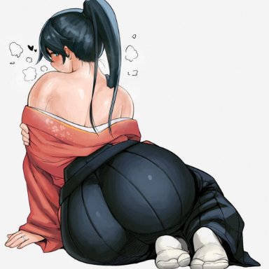 kantai collection, houshou (kantai collection), synecdoche, ass, bare shoulders, big ass, black hair, blush, caked up, female, hakama, huge ass, japanese clothes, long hair, looking back