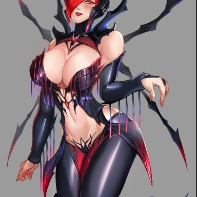 league of legends, league of legends: wild rift, elise, elise kythera zaavan, original character, badcompzero, big breasts, cosplay, lipstick, red eyes, red hair, red lipstick, stargizar, thick thighs, thighhighs