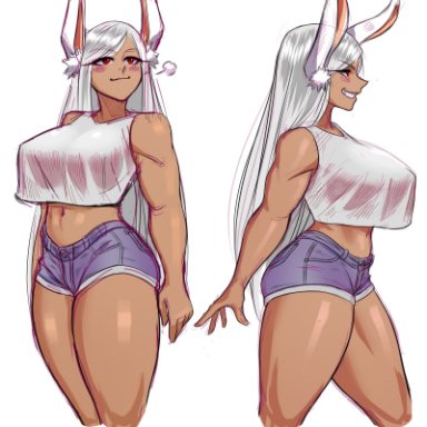 my hero academia, miruko, rumi usagiyama, jiuukek, 1girls, big breasts, breasts, bunny ears, female, female focus, female only, long hair, minishorts, red eyes, shiny skin