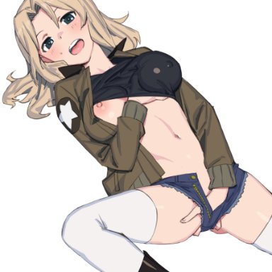 girls und panzer, kay (girls und panzer), onsen tamago (hs egg), black tank top, blonde hair, bomber jacket, boots, breast grab, breasts, clothes lift, covered nipples, denim, denim shorts, female, female masturbation