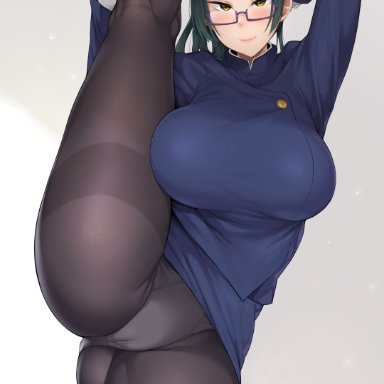 jujutsu kaisen, zenin maki, yomomirin, 1girls, alternate breast size, ass, blush, breasts, clothed, clothed female, female, female only, flexible, glasses, green hair