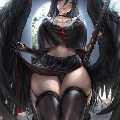 blue archive, hasumi (blue archive), lexaiduer, 1girls, bayonet, big breasts, big thighs, black hair, black shoes, black wings, breasts, busty, choker, cleavage, clothed