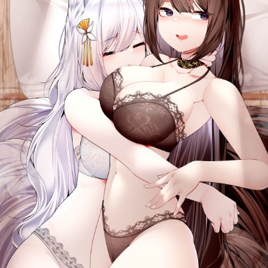 azur lane, amagi (azur lane), shinano (azur lane), samip, 2girls, animal ears, bra, breasts, choker, cleavage, cowboy shot, female, fox ears, fox girl, fox tail