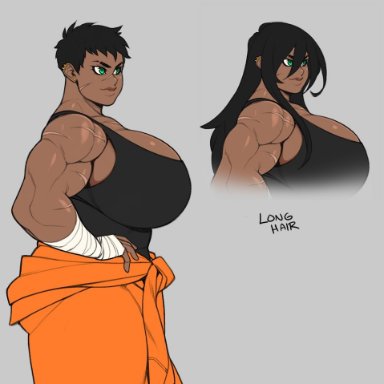 shortblueimp, tsudanym, big breasts, black hair, black undershirt, breasts, breasts bigger than head, dark-skinned female, earrings, green eyes, huge breasts, long hair, massive breasts, muscular female, orange jumpsuit