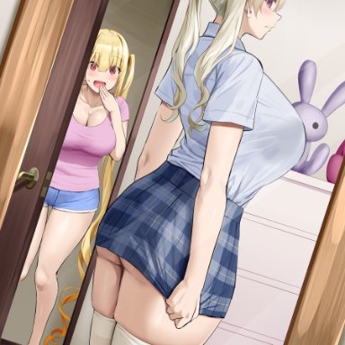 original, oekakizuki, 2girls, ass bigger than skirt, embarrassed, huge ass, huge breasts, milf, mother and daughter, purple eyes, school uniform, skirt, thick thighs, thighhighs, underbutt