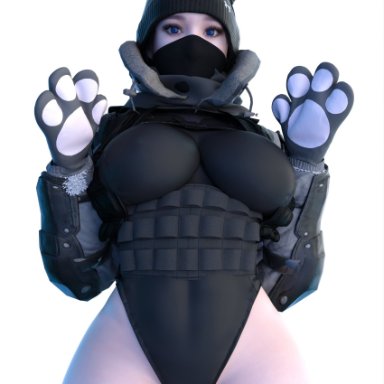 rainbow six siege, frost (rainbow six), rude frog, 1girls, beanie, blue eyes, cat ears, female, female only, light-skinned female, light skin, looking at viewer, mask, solo, thighs