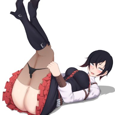 rwby, ruby rose, neovixtadiz, 1girls, ass, big ass, black hair, blush, boots, female, female only, heels, legs up, pussy, red hair