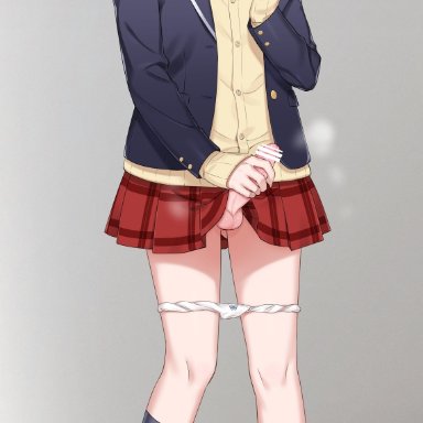 original, +++ (artist), 1boy, blush, brown hair, closed mouth, collared shirt, crossdressing, femboy, full body, girly, jacket, kneehighs, male, male focus