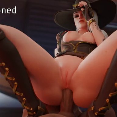 overwatch, ashe (overwatch), bandoned, 1boy, 1girls, anal, anal penetration, areolae, balls, belly button, big penis, bouncing balls, bouncing breasts, breasts, cowgirl position