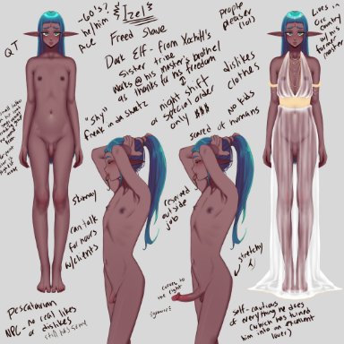 original, original character, djwhiteboooty, 1boy, aqua eyes, aqua hair, blue hair, dark-skinned male, dark elf, dark skin, dress, elf, elf ears, erect penis, femboy