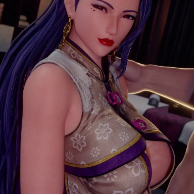 king of fighters, snk, luong, bouquetman, pixiewillow, 1boy, 1girls, aniated, asian female, balls, beauty mark, cleavage, cleavage cutout, cleavage window, clothed