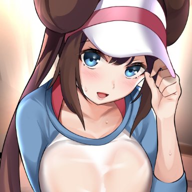 pokemon, pokemon (game), pokemon bw2, rosa (pokemon), enishi96, 1girls, bangs, blue eyes, blush, breasts, brown hair, double bun, hair between eyes, hat, large breasts