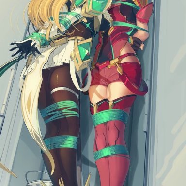 xenoblade (series), xenoblade chronicles 2, mythra, pyra, cad, 2girls, ball gag, bondage, closet, collar, leash, leash and collar, leash pull, leashed together, yuri