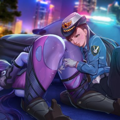 overwatch, d.va, police officer d.va, widowmaker, exlic, 2girls, all fours, anus, arms behind back, ass, black pants, blue necktie, blue neckwear, blue shirt, bodysuit