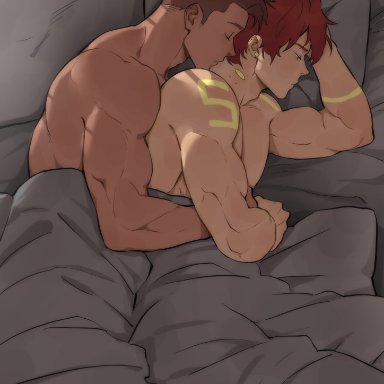 the devil and s-13, original character, suyo, suyohara, 2boys, bara, bed, bedroom, bl, brown hair, canon couple, closed eyes, couple, dark skin, gay