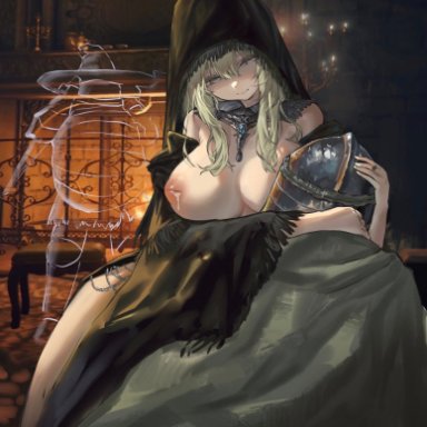 elden ring, sawkm, areolae, breasts, breasts out, candelabra, cloak, detailed background, fia the deathbed companion, fireplace, helmet, hood, hood up, inverted nipples, lactation