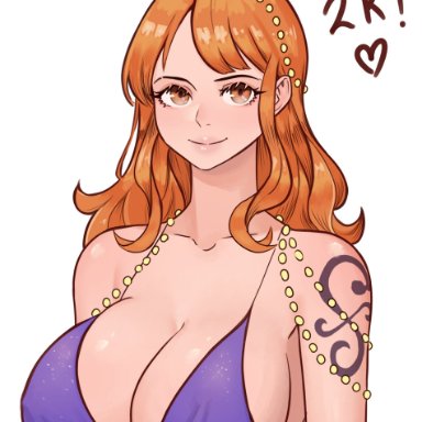 one piece, nami, 1girls, arthydraws, big breasts, breasts, brown eyes, cleavage, dress, female, female focus, female only, hair jewelry, huge breasts, jewelry