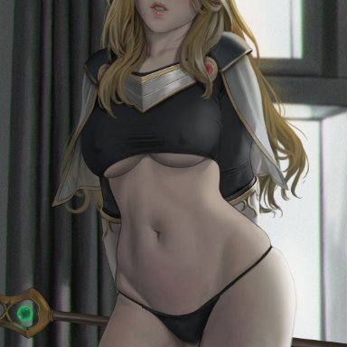 league of legends, riot games, luxanna crownguard, janggun, armored dress, blonde hair, blue eyes, blush, light-skinned female, long hair, navel, solo, tagme