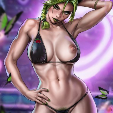 jojo's bizarre adventure, stone ocean, jolyne kujo, dandon fuga, 1girls, abs, arm behind head, arm tattoo, arm up, armpit, bare arms, bare shoulders, bare skin, big breasts, bikini