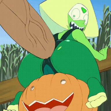 steven universe, gem (species), peridot (steven universe), pumpkin (steven universe), anythinggoes, 1boy, 1female, 1girls, 1male, against fence, anal, anal insertion, anal sex, big ass, big butt