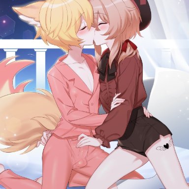 original, +++ (artist), !, 2boys, animal ears, ass grab, beret, blonde hair, blush, closed eyes, covered penis, covered testicles, eye contact, femboy, fox ears