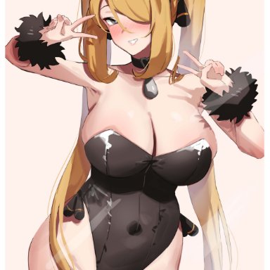 pokemon, cynthia (pokemon), fuji (rua-258), 1girls, ass visible through thighs, big breasts, blush, breasts, bunny ears, cleavage, covered navel, covered nipples, covered pussy, double peace sign, double v