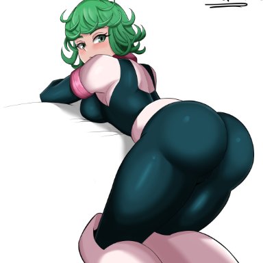 my hero academia, one-punch man, ochako uraraka (cosplay), ochako uraraka (hero outfit), tatsumaki, sol-sama d2, 1girls, ass, big ass, big butt, bodysuit, breasts, eye contact, female, female only