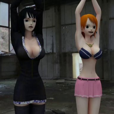 one piece, nami, nico robin, 2girls, areola, armpits, arms up, bound, bound wrists, breasts out, cleavage, exposed breasts, exposed pussy, nipples, no bra