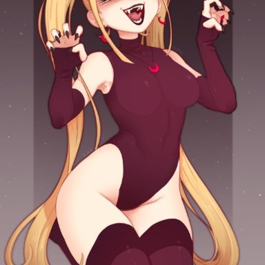 maerith (justrube), justrube, rube, 1girls, ahoge, arm sleeves, bangs, black lipstick, black nail polish, blonde hair, blunt bangs, earrings, eyes mostly closed, eyeshadow, fangs