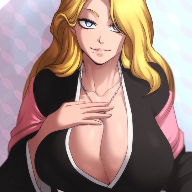 bleach, matsumoto rangiku, kameseru, 1girls, beauty mark, big breasts, blonde hair, blue eyes, breasts, busty, cleavage, clothed, clothed female, clothes, clothing