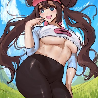 nintendo, pokemon, pokemon bw2, rosa (pokemon), donyta, 1girls, blue eyes, blush, breasts, brown hair, clothed, clothed female, crop top, detailed background, female