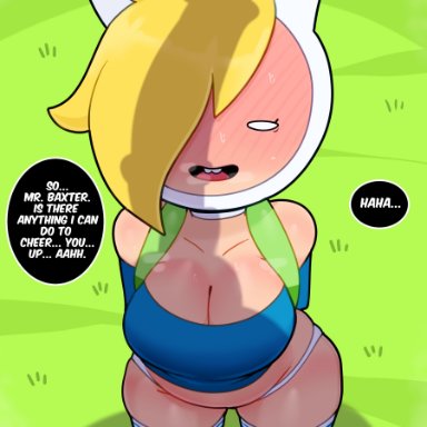 adventure time, fionna the human girl, james baxter (adventure time), somescrub, big breasts, blonde hair, blush, breasts, cleavage, hat, horsecock, imminent sex, panties, penis shadow, thick thighs