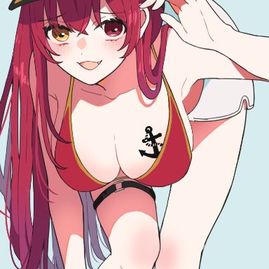 hololive, houshou marine, bikini, blush, breasts, different eye color, eyewear on head, female, female only, hat, mouth open, red eyes, red hair, solo, sunglasses