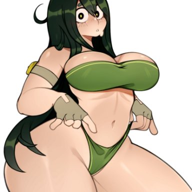 my hero academia, tsuyu asui, melonpuff, 1girls, big breasts, bikini, breasts, eye contact, female, female focus, female only, huge breasts, long hair, looking at viewer, solo