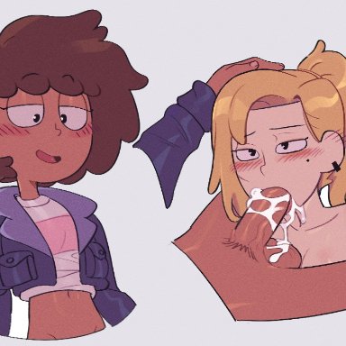 amphibia, anne boonchuy, sasha waybright, mengshuo, 1futa, 1girls, big penis, blonde hair, bottomless, brown hair, clothed, clothing, dark-skinned futanari, dark skin, duo