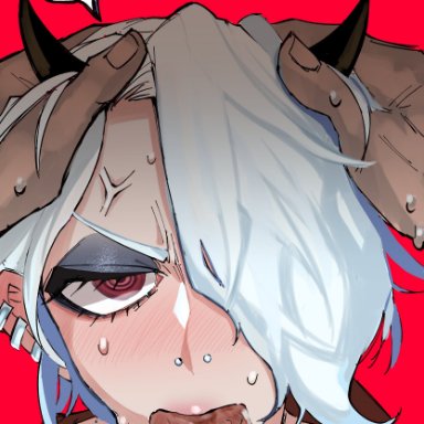 helltaker, zdrada (helltaker), woromle, 1boy, 1girls, angry, blowjob, blush, ear piercing, horn, horns, light-skinned female, light-skinned male, light skin, penis