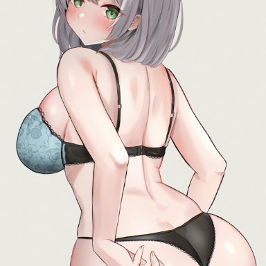 hololive, shirogane noel, ajirou, 1girls, ass, ass cleavage, ass focus, big ass, bra, butt crack, female, female only, green eyes, looking at viewer, looking back