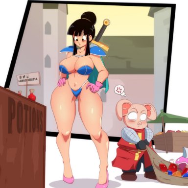 dragon ball, chichi, oolong, lunaexhabbitix, 1boy, big ass, big breasts, bikini armor, black hair, blush, blushing, chichi's armor, female, huge ass, huge breasts