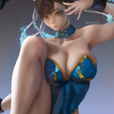 capcom, street fighter, chun-li, oscuroii, 1girls, action pose, asian female, bracelet, brown eyes, brown hair, bunny ears, bunny girl, bunnysuit, cleavage, huge breasts