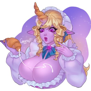 cafe cuties series, league of legends, cafe cutie soraka, soraka, cormgreenu, 1girls, big breasts, blonde hair, bow, breasts, busty, cleavage, clothed, clothed female, clothing