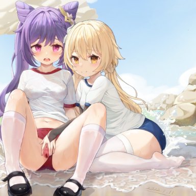 genshin impact, keqing (genshin impact), lumine (genshin impact), 2girls, beach, blonde hair, blush, breasts, buruma, feet, gym uniform, looking at viewer, mary janes, multiple girls, navel