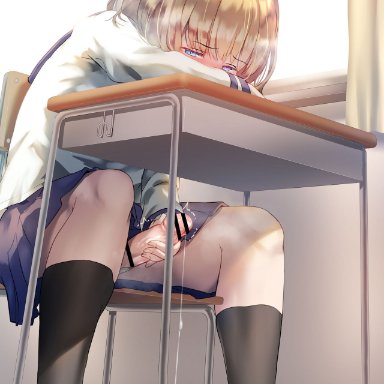 ayanakitori, 1futa, after masturbation, after orgasm, bent over, big penis, blonde hair, boots, classroom, clothed, clothing, cum, erection, futa only, futanari